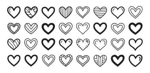 Set of 36 doodle heart icons with various line weights and fills in black outline on a white background