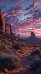 Sunset over the Mittens in Monument Valley Arizona, Hiking and Adventure Travel in the Southwest Desert, Scenic Red Rock Wilderness and National Landmark Scenery
