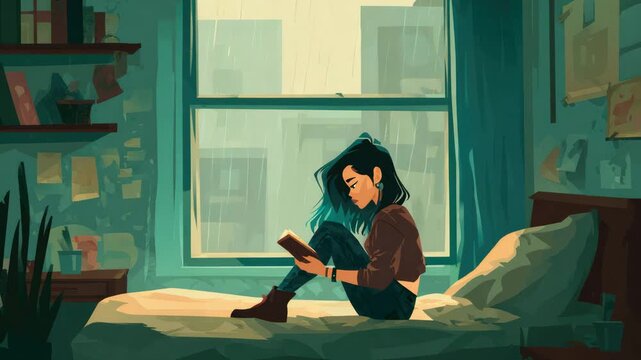 teenage punker girl reads a book in childs room illustrated animation