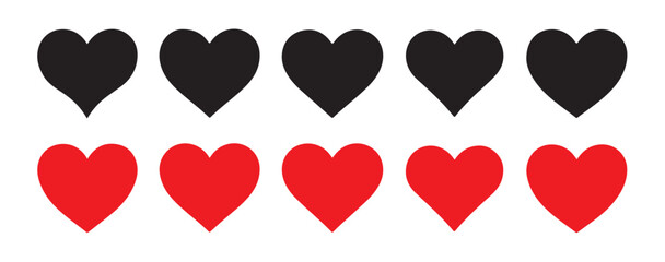 Five solid black and five red heart shapes isolated on white background for UI or decorative use