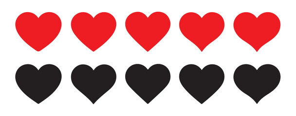Collection of red and black hearts representing love and affection in a row and on white background vector illustration