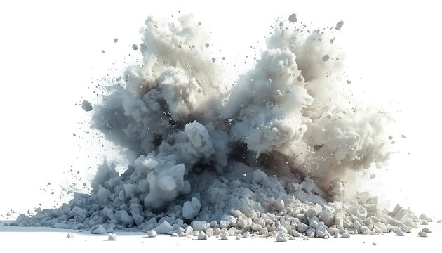 A massive explosion of white powder creates a dramatic cloud of dust and debris on a plain background