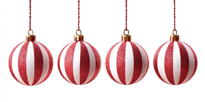 Four red and white striped christmas ornaments hanging on strings, r-isolated on a clear background. high resolution photography, hyperealistic, and detailed.