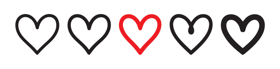 Collection of five outlined doodle heart vector icons isolated on white background featuring one contrasting bright red heart symbol in center
