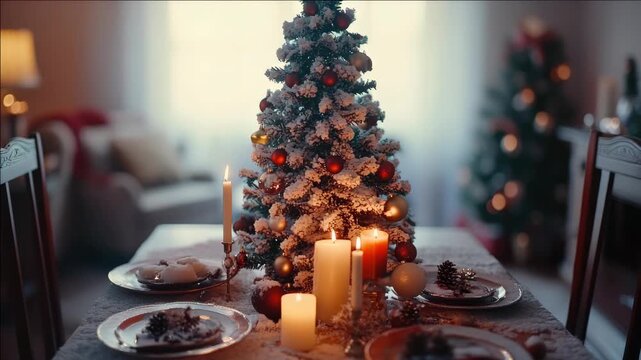 A cozy indoor holiday scene featuring a beautifully decorated table and Christmas tree, set against the backdrop of a comfortably furnished living room.