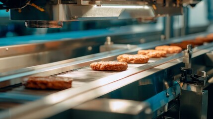 A conveyor belt is filled with meat patties