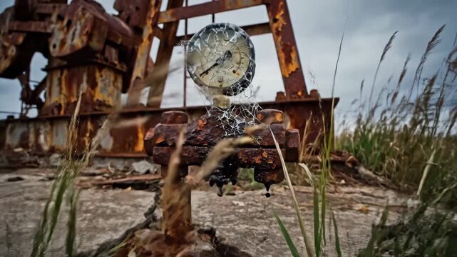 Close up of a broken and corroded pressure gauge on an abandoned pumpjack leaking crude oil, symbolizing the decline of the fossil fuel industry and environmental pollution concerns