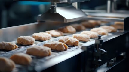 A conveyor belt is filled with fried chicken
