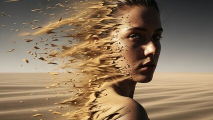 Portrait of Woman Face Disintegrating into Sand in Desert