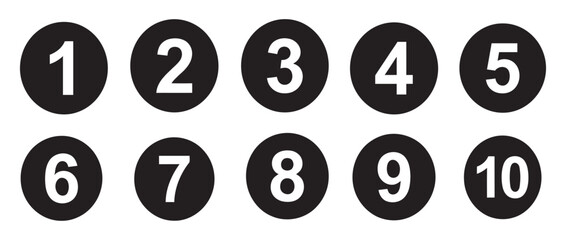 Clean black circular icons with white numbers one to ten, ideal for illustrating sequential steps, lists, or ranking information visually