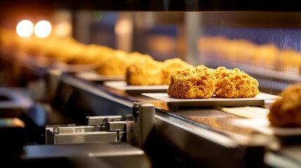 A conveyor belt is filled with fried chicken