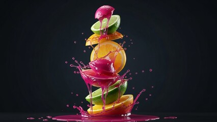Dynamic Splash Of Pink Juice Over Stack Of Sliced Citrus Fruits On Dark Background
