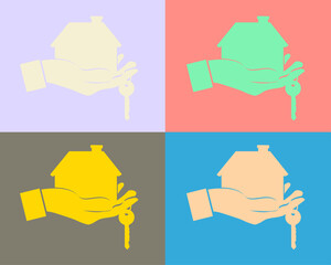 Buying house. Agent of real estate holding in hand house, key. Deal sale and purchase of real, concept. Vector illustration.&nbsp;