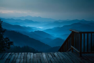 Fototapeta premium View from a wooden deck with railing, overlooking a vast mountain range covered in morning mist, layers of blue mountains fading into distance.