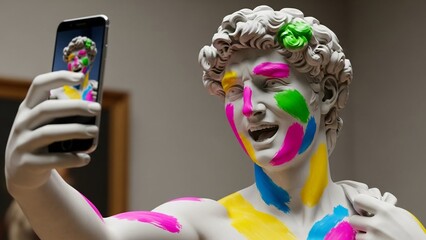 Sculpture of David taking selfie with colorful paint on face