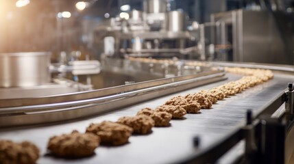 A conveyor belt is filled with cookies