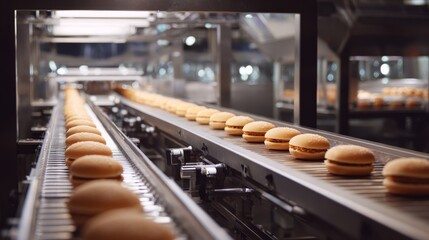 A conveyor belt with many hot dogs on it