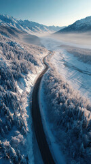 Snowy Alaskan Road Through Frosted Pine Forest Drone View, Winter Hiking and Adventure Travel in the Arctic Wilderness, Scenic Seasonal Nature and Travel Scenery