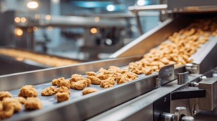 A conveyor belt is filled with fried chicken