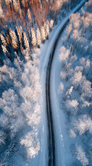 Snowy Alaskan Road Through Frosted Pine Forest Drone View, Winter Hiking and Adventure Travel in the Arctic Wilderness, Scenic Seasonal Nature and Travel Scenery
