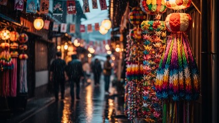 Rainy night in traditional Japanese street with colorful origami cranes and lanterns