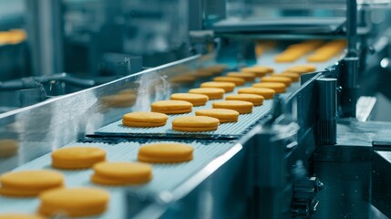 A conveyor belt is filled with yellow doughnuts