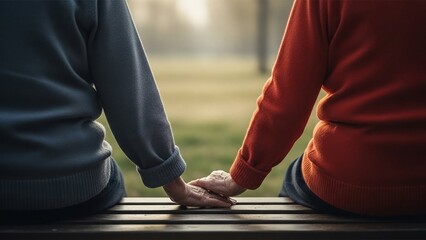 Senior couple sitting on bench holding hands in park at sunset