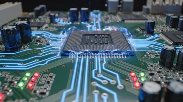 Electronic circuit board with glowing blue data pathways