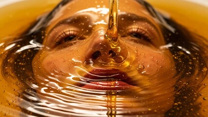 Woman Face Submerged in Liquid Gold Honey Pouring Over Skin