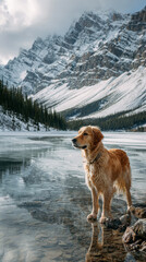 Golden Retriever Standing in Snowy Jasper National Park Canada, Winter Hiking and Adventure Travel in the Canadian Rockies, Scenic Alpine Wilderness and Nature Exploration