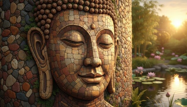 Serene Buddha face statue made of mosaic stones located in peaceful garden with lotus pond and warm sunset sunlight