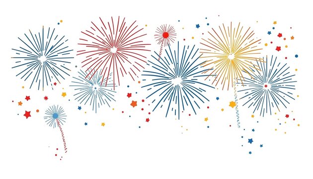 A vibrant illustration of colorful fireworks exploding in the night sky with stars and sparks