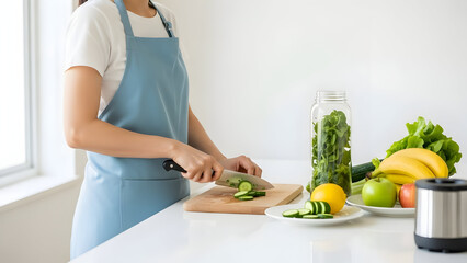 Woman in apron slicing cucumber on cutting board preparing healthy food with fresh ingredients and blender in a bright kitchen