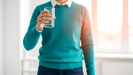 Man in teal sweater holding a glass of water representing hydration and healthy lifestyle with soft natural light