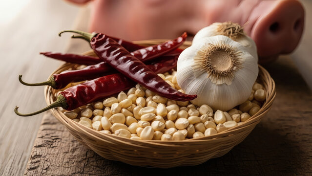 Pozole Ingredients With Giant White Corn And Guajillo Chilies In Basket