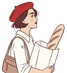 a beautiful young woman holding a paper bag containing bread.