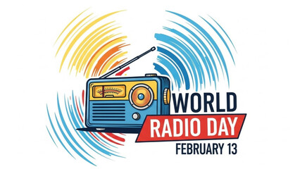 Vibrant world radio day illustration with retro radio and colorful waves on white background for february 13 celebrations with vintage radio