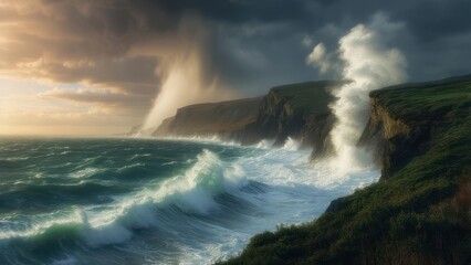 Dramatic coastal scene with crashing waves and stormy sky