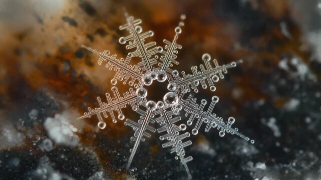 An intricate, icy cold snowflake png macro shot reveals its delicate crystalline structure and central ring of water droplets resting on a dark, mottled surface.