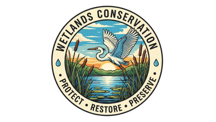 Wetlands conservation logo with heron flying over water and cattails at sunset with nature and wildlife and ecosystem and environment and protection