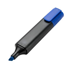 Blue Marker Pen with a Black Body and Blue Cap, Lying Diagonally on a Solid Black Background