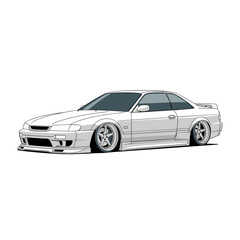 Naklejka premium White Sports Car Vector Illustration - Modified Performance Coupe with Wide Body Kit and Lowered Suspension Isolated on White