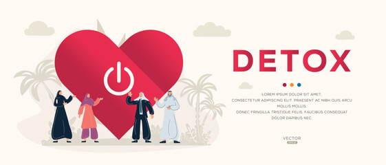 Detox text with Arab people in traditional clothing, vector illustration.