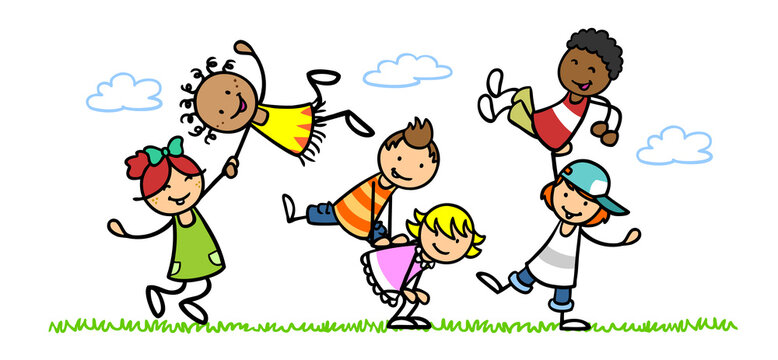 Gruppe Kita Kinder spielt zusammen auf Wiese im Sommer