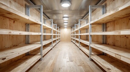 Empty storage room with raw plywood walls and ceiling, industrial metal shelving units with wooden shelves on both sides, light wood flooring.