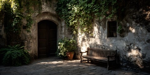 Fototapeta premium Old European stone courtyard featuring a weathered wooden bench against a textured wall covered in green ivy, near a dark arched doorway shadow.