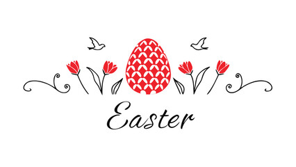 Vibrant Easter egg with tulips and birds flying