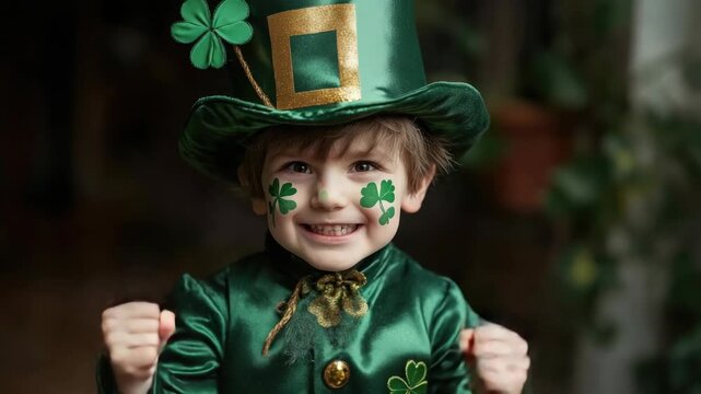 A cheerful boy celebrates St Patrick's Day, wearing traditional Irish attire with a joyous smile.