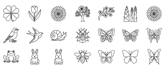 Collection of black line drawings of spring nature elements and animals clover tulip