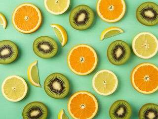 Fototapeta premium Vibrant fruit slices on turquoise background